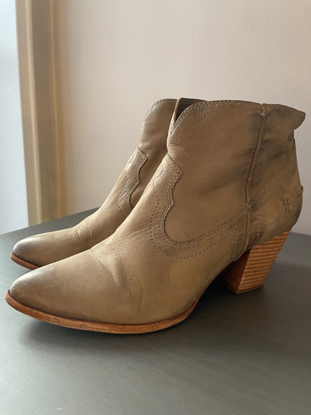 Frye Renee Taupe Leather Pointed Toe Ankle Booties